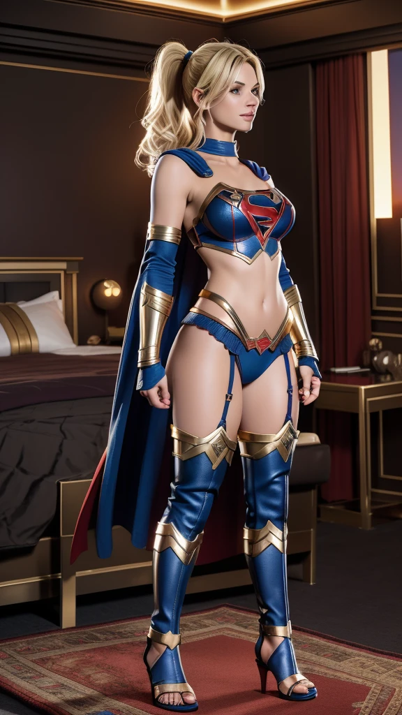 ((Full body photo, standing, feet on the floor)) score_9, score_8_up, score_7_up, score_6_up, 3girls, harley quinn (colored hair, back to supergirl, thigh-high gladiator sandal boots, red lingerie and black, navel :1.1) (black hair, back to Supergirl, thigh-high gladiator sandal boots, blue lingerie, navel :1.1) . Wonder Woman (black hair, her back is turned to Supergirl, thigh-high gladiator sandal boots, blue lingerie, navel :1.1) and Supergirl (blonde hair, red and gold lingerie, gladiator sandals that reach halfway up her thighs, level:1.3), elegant hotel suite, lovers, in love, lying on a large and luxurious bed, kissing, groping, (cinematic lighting:1.2),, (sunset:1.2).
