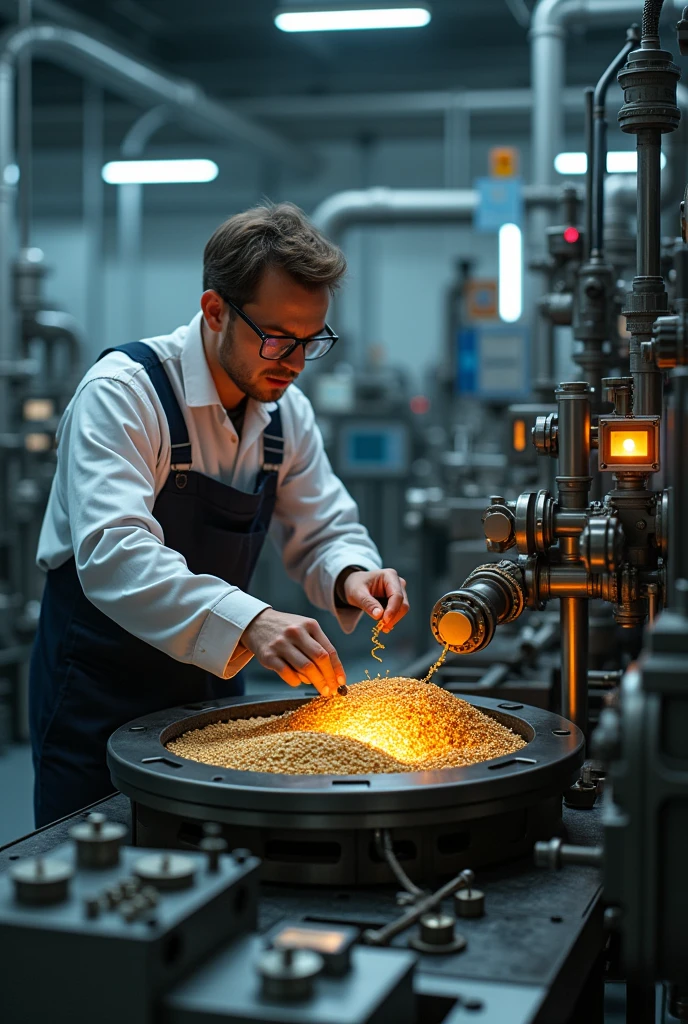 generates an image of a mechanical sample preparation and gold smelting laboratory with 4K detail showing an engineer crushing mineral samples up close