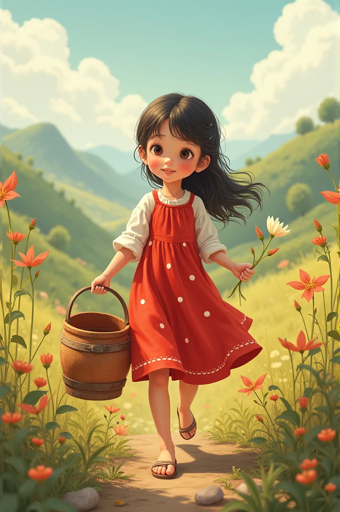 create Image of a benign girl, red dress with white polka dots,  appearance, clay bucket and flower in her hand, northeastern backlands.