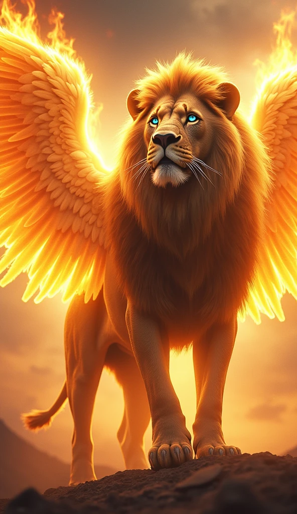 Gerenuma ultra realistic 8k image of a lion with angel wings on fire strong, big fit ass , handsome with blue eyes next to the Angel of God