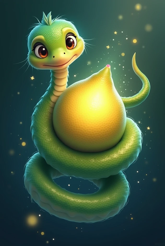 (photorealism:1.2),
"A wise and playful snake named Dorah, gracefully coiled around a glowing, magical guava at the center. The guava should radiate a soft, enchanting light, with small sparkles or mystical symbols floating around it. Dorah should have a warm, friendly expression with bright eyes, giving the logo a sense of wisdom and wonder. The colors should be vibrant, with shades of green for the snake, a golden glow for the guava, and soft blue accents. The overall design should feel whimsical and magical, perfect for a children's educational YouTube channel."