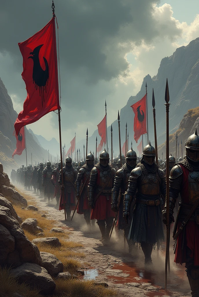 A visually stunning and award-winning detailed depiction of the Iron Talons mercenary army marching toward the battlefield. The scene is set in a dark fantasy world, with a long line of soldiers stretching out to the horizon. The soldiers are clad in a mix of chainmail, leather armor, and iron helmets, carrying an array of weapons including swords, spears, and crossbows. Banners with the black talon emblem on a blood-red background are prominently displayed. The atmosphere is tense, with stormy skies above and a rugged, barren landscape below.