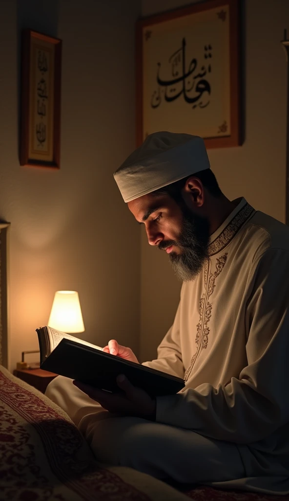 A Muslim man is sitting on his bed at night reciting the Holy Quran