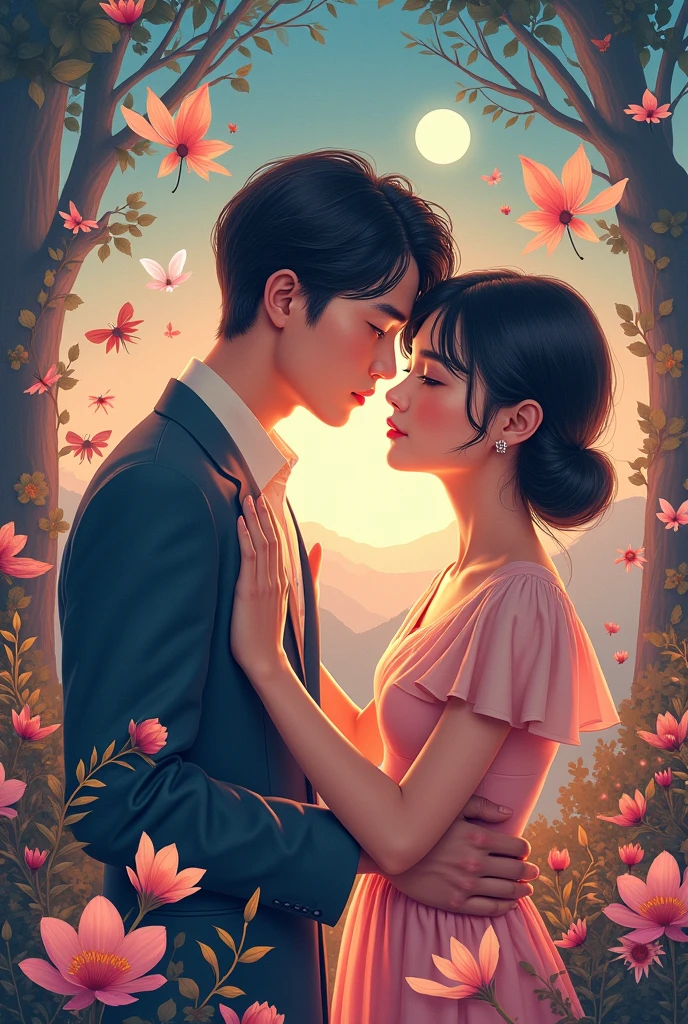 "A smartphone wallpaper inspired by the K-drama 'It's Okay to Not Be Okay.' The design should feature the two main characters, Moon Gang-tae and Ko Moon-young, in a stylized, emotional scene that captures the show's unique blend of dark fairytale and romantic elements. Include elements like butterflies, moons, or illustrated book motifs to reflect the show's themes. The color palette should be a mix of soft pastels with darker shades to convey both warmth and depth, while the overall style should be modern and elegant."