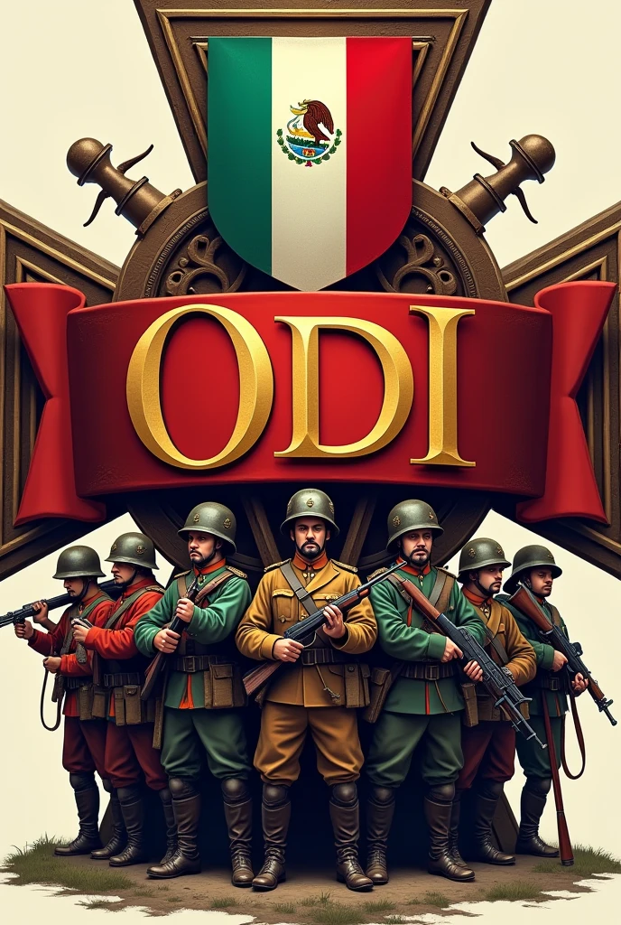 Logo with 10 flags of Latin countries with the name ODI in gold in front within a red ribbon in the background the cross of Burgundy,armed soldiers of the first world war