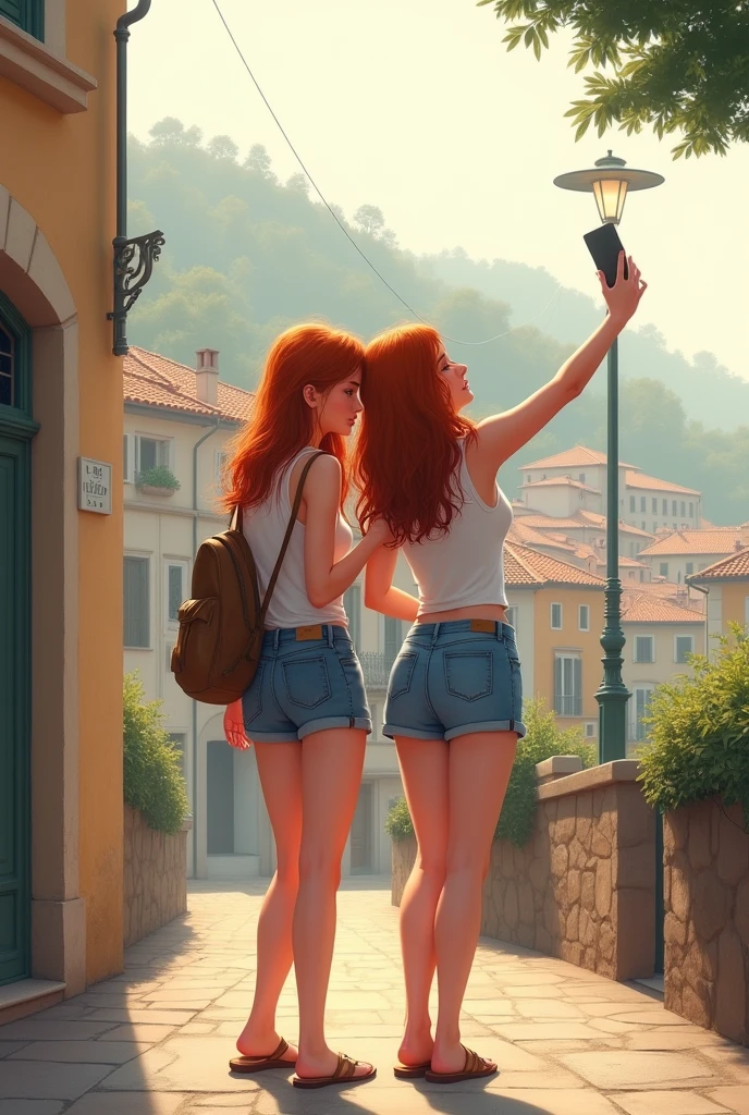 2 girl, redheadwear, taking a selfie in front of a typical building on one of Nice's hills. She wears shorts, tank top and flat sandals. Typical houses. Foggy. David Hamilton Style.