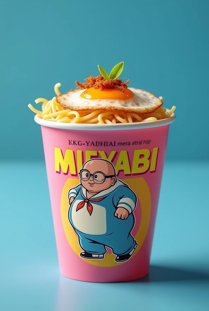 Sterofom Cup: Cooked noodles topped with fried onion, salt and pepper, fried egg, capital letter on the cup says "MIEYABI" and middle letter says "Bikin" "Tegang", and a cup with the image of an Indonesian anime character, extra large and fat body, wearing wire-frame glasses and a sailor suit, in a crawling pose, cup of noodles in The color will be pink with yellow around, cup of noodles showing the noodles coming out. blue studio background. very detailed. amazing. fantastic. photography. cinematic, photorealistic. focus MIEYABI, Bikin Tegang, very focused