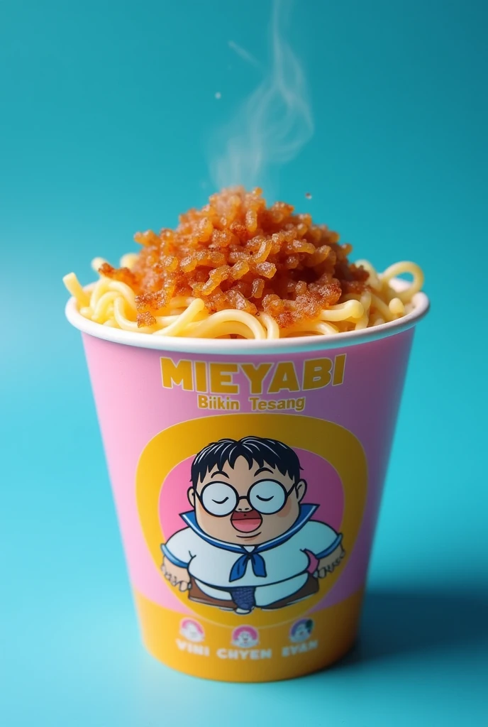 Sterofom Cup: Cooked noodles topped with fried onion, salt and pepper, fried egg, capital letter on the cup says "MIEYABI" and middle letter says "Bikin" "Tegang", and a cup with the image of an Indonesian anime character, extra large and fat body, wearing wire-frame glasses and a sailor suit, in a crawling pose, cup of noodles in The color will be pink with yellow around, cup of noodles showing the noodles coming out. blue studio background. very detailed. amazing. fantastic. photography. cinematic, photorealistic. focus MIEYABI, Bikin Tegang, very focused
