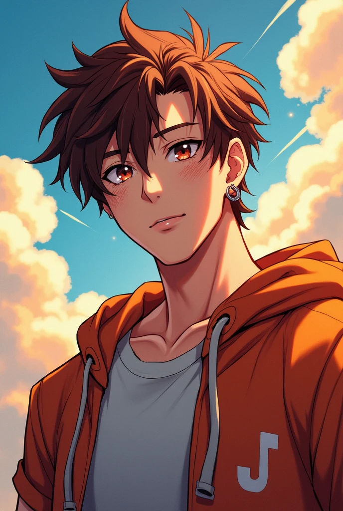 make a young man strong, medium hair, offwhite, chestnut hair, earrings and freckles on the face in anime style