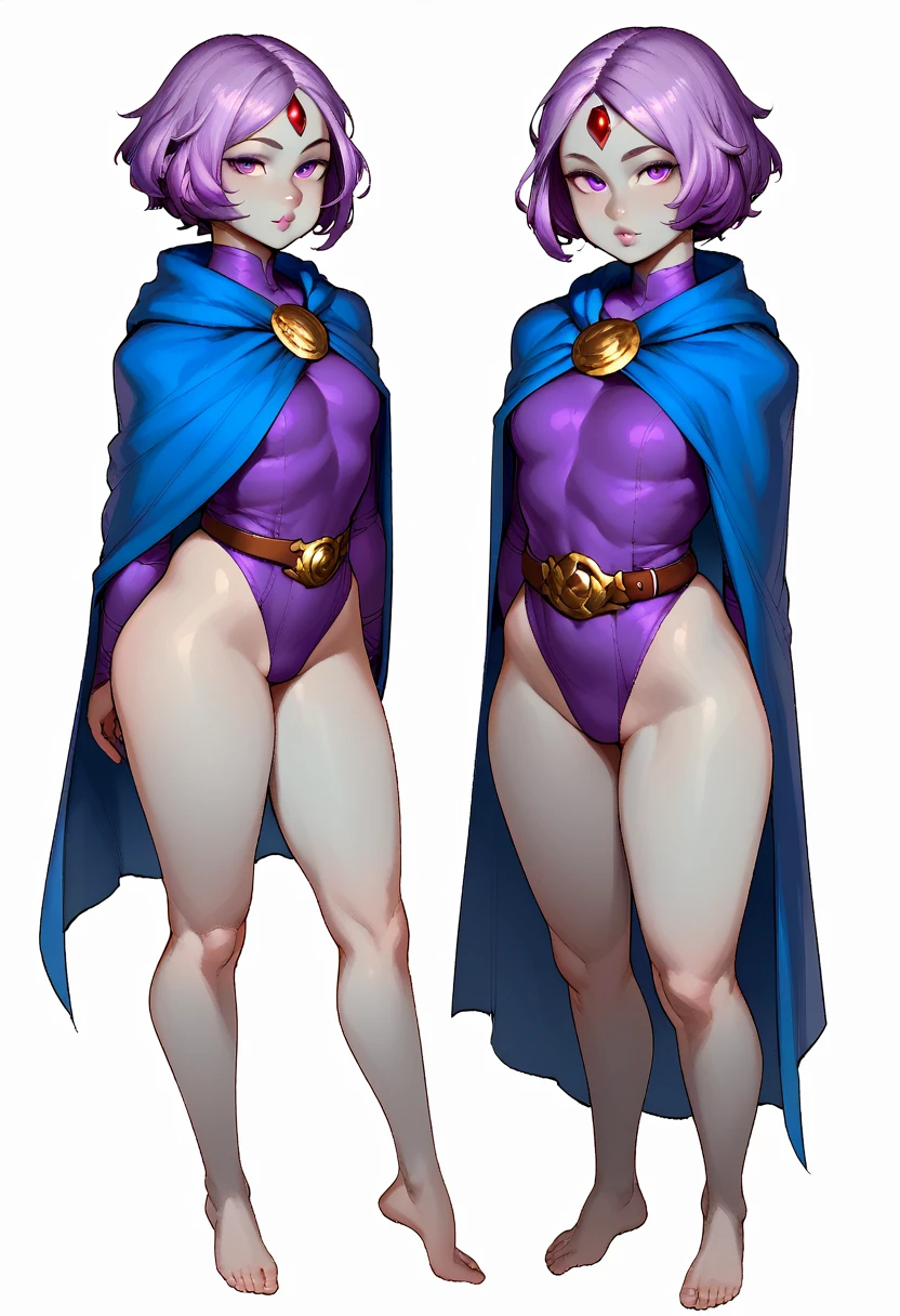 score_9, score_8_up, score_7_up, BREAK,
1girl, rachelroth, purple hair, short hair, purple eyes, grey skin. forehead jewel,
leotard, belt, blue cape,
full body, standing, looking at viewer, solo, simple background, white background   