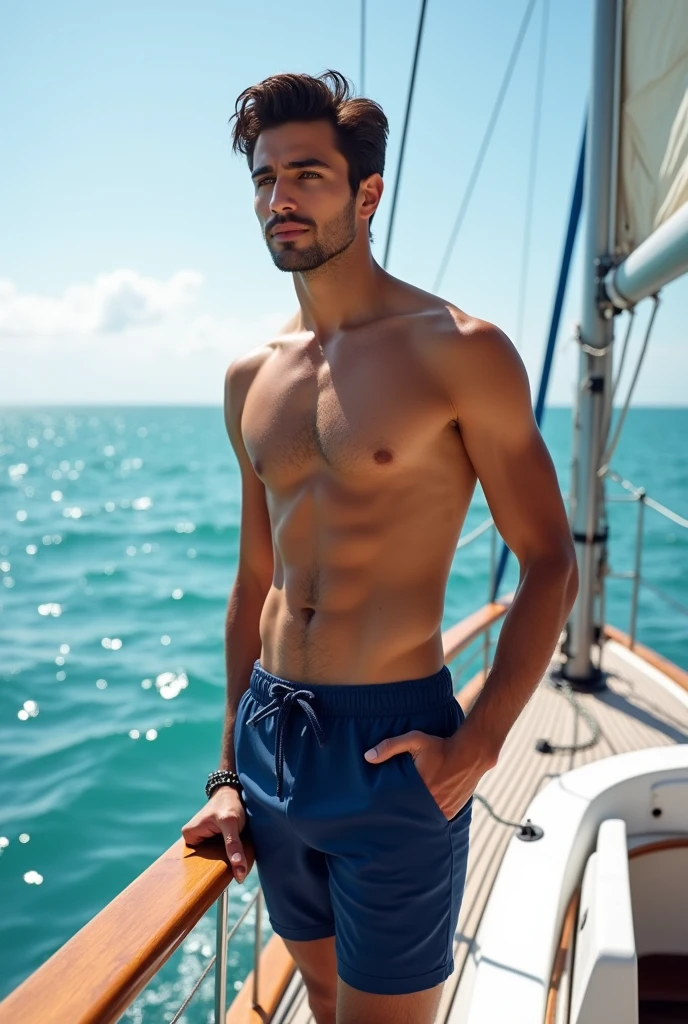 The scene captures a moment of pure freedom and adventure, featuring a Hispanic male model with clear, captivating eyes and dark, tousled hair that adds to his undeniable charm. His athletic and toned physique is prominently displayed as he wears only a stylish, well-fitted sunga. The sunga, in a deep navy blue, complements his tanned skin and exudes both elegance and casual summer style.
Situation:
In this vibrant and sun-soaked scene, the model stands confidently aboard a sleek, white sailboat that cuts gracefully through the crystal-clear waters of a vast ocean. The boat’s sails billow majestically in the wind, and the bright sunlight dances off the waves, creating a shimmering reflection that highlights the model's defined muscles and the sleek lines of his sunga. The horizon stretches infinitely, with the deep blue sea meeting the cloudless sky, while the warm breeze gently tousles the model's hair.
His pose is effortlessly poised and relaxed, with one hand gripping the polished wooden railing of the boat and the other resting casually by his side. His gaze is directed towards the horizon, his expression a mix of contemplation and quiet confidence, as if savoring the serenity and boundless possibilities of the open sea. The sound of the waves crashing against the boat’s hull and the gentle creaking of the sails create a soothing, rhythmic backdrop, enhancing the sense of peace and adventure.
This scene, with its perfect blend of natural beauty and effortless style, encapsulates the essence of a summer escape—where the ocean becomes a vast playground, and the simple elegance of a well-chosen sunga becomes a statement of both fashion and freedom.
Keywords: summer, fashion, sailboat, ocean, shirtless, sunga, model, adventurous, serene, natural beauty, outdoors, tranquility, effortless, stylish, toned, captivating.