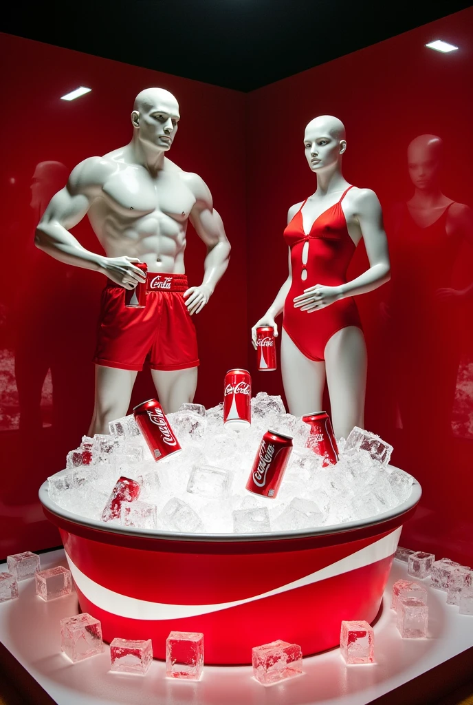 display case with a large tub full of ice cubes with coca cola inside the ice cubes and inside the tub, a male mannequin in red boxing trunks and a female mannequin in a red swimsuit, with coca cola in both hands