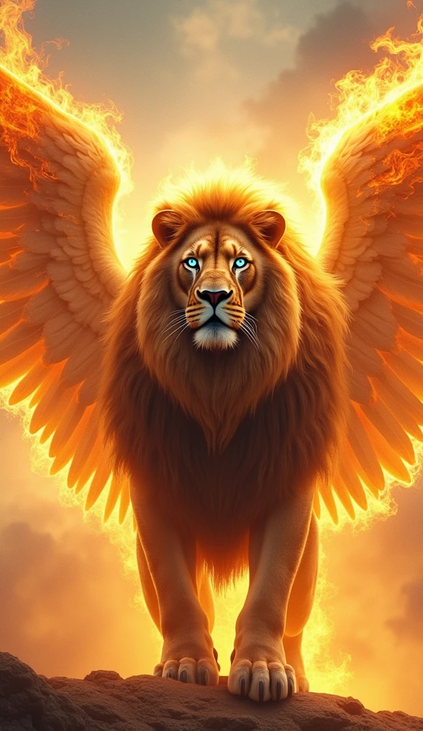 Gerenuma ultra realistic 8k image of a lion with angel wings on fire strong, big fit ass , handsome with blue eyes next to the Angel of God
