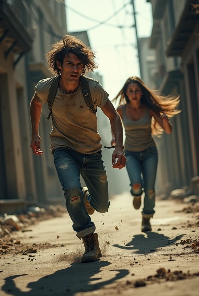 Realistic image of young man in dirty clothes who is running after a woman, He wants to catch up with her but she is running away because he wants to hurt her