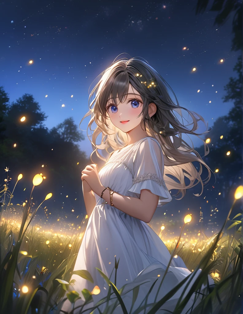 masterpiece:1.2,highest quality, highres, 16k, ultra-realistic:1.37, beautiful detailed, Beautiful girl, Standing in a beautiful posing, gently smile, flowing hair, Night Grassland, fireflies in hands, fireflies on hair, Many fireflies fly around:1.3, Fireflies dancing wildly:1.3, Countless fireflies:1.3, Trails of many fireflies:1.3, beautiful delicate(hair,face,eyes,pupils,white dress,anklet,knee,fireflies), sparkling eyes, shining lips, behind view