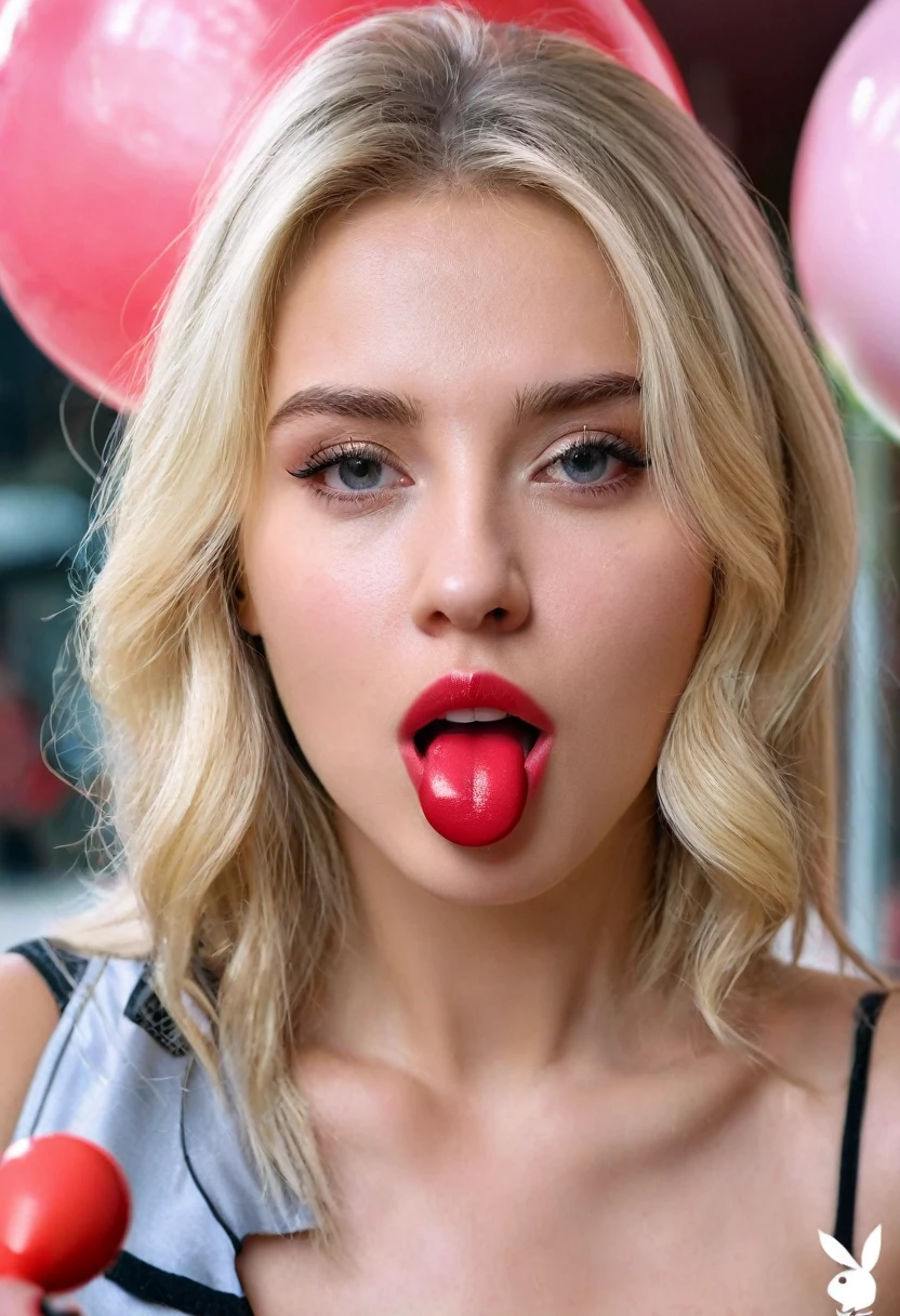 generates a professional 8k UHD photograph of the face of a 2 girl, she is beautiful and blonde, with depth of field, which shows the volume and 3D style in the photograph, she is in front of the camera winking while she is inflating a pump of chewing gum, she has intense passion red lipstick, she has a challenging and at the same time very beautiful look, charming face, perfect lighting, a masterpiece, luxury shot, that seems real and artistic.