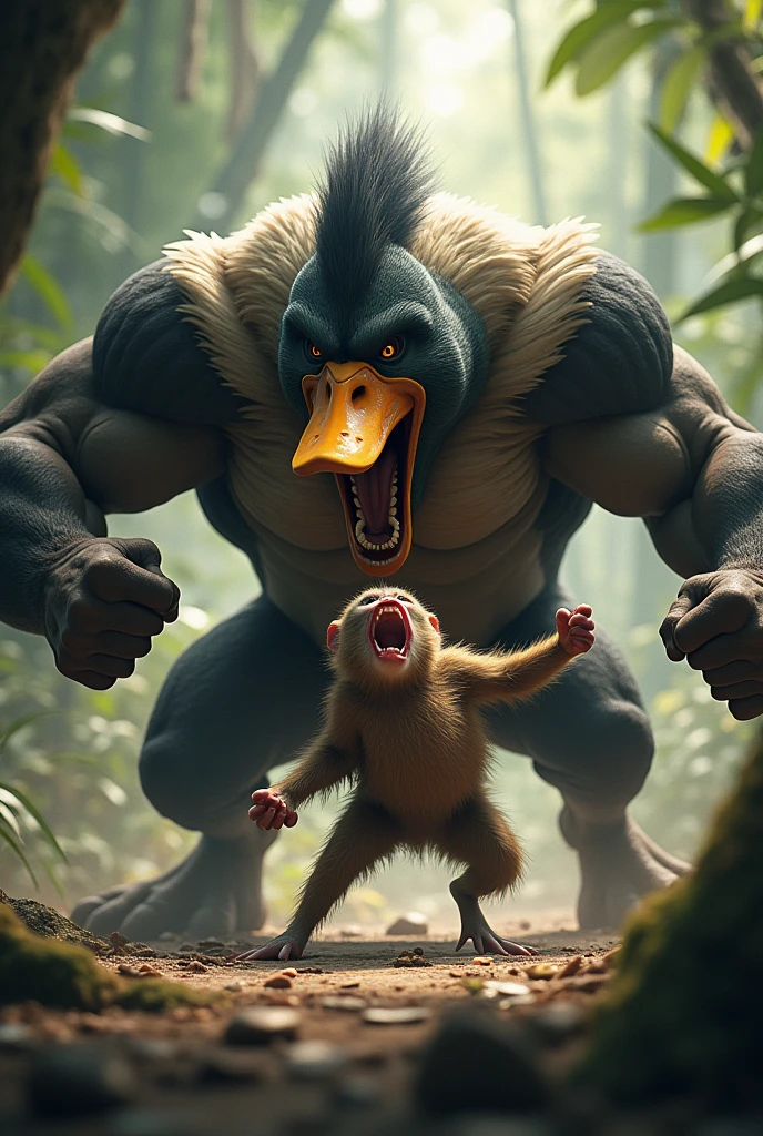 Muscular duck beating up a monkey