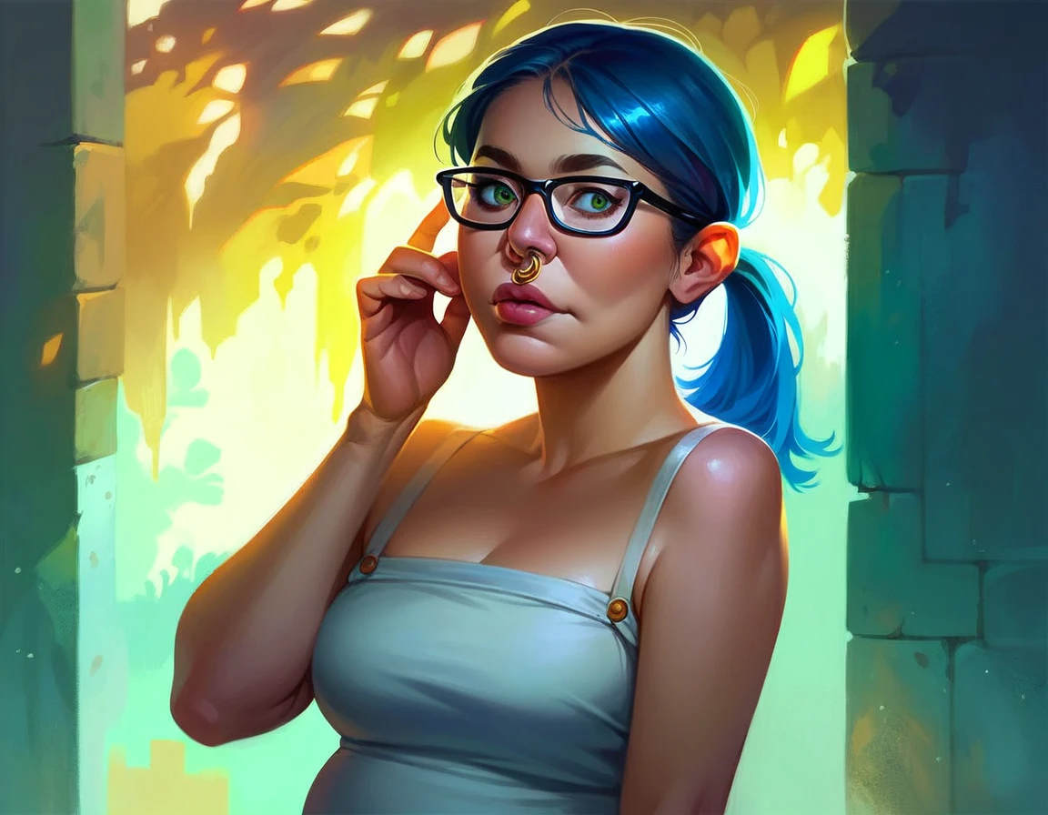 1girl, masterpiece, ((plump)), ((dark eyeliner)), best quality, realistic face, black and blue hair with bangs and ponytail, large glasses, , , , green eyes, nose ring, chubby cheeks, long nose, low nose, high lips, dark eyebrows, ((trad blue and grey sundress)),  specular sunlight, ((golden hour lighting)), back porch background, flirting pose, 