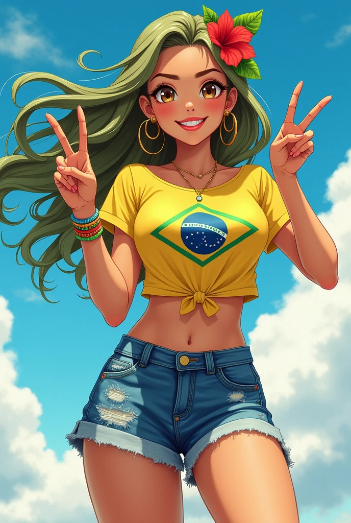 Create an image with the characteristics defined in the tag and avoid using the characteristics defined in the tag.

Draw a Brazilian female character with tanned skin, a brunette with large, expressive light brown eyes, and long, flowing greenish-brown hair that reaches her waist and flows smoothly in the wind. She should be wearing a vibrant yellow T-shirt with a boat neckline, leaving one shoulder exposed, and tied at the waist, with the symbol of the Brazilian flag (a yellow diamond with a blue circle and the white band with the motto "Ordem e Progresso") printed in the center. The character is wearing short, frayed denim shorts with visible distressing at the edges.

The character should be in a dynamic and cheerful pose, lifting her right leg while making a peace sign with her right hand, showing a confident, friendly, and slightly playful expression. Add gold hoop earrings, colorful bracelets on both wrists, and a thin gold necklace around her neck. On the right side of her head, add a tropical red flower that contrasts with her hair color.

The background should be a light blue sky with fluffy white clouds, creating a sunny and vibrant atmosphere typical of a summer day. The lighting should be bright and natural, highlighting her tanned skin and hair details. Add soft shading to enhance the curves of her body and the texture of her clothes. Use a slight grain effect that mimics a printed screen, giving an artistic touch reminiscent of traditional anime art, with clean lines and saturated colors.
Avoid including elements such as weapons, aggressive or sad expressions, urban or nighttime settings, formal or loose clothing, or a dark and gloomy color palette. Do not add other characters, strange objects, or elements that divert attention from the main character.
