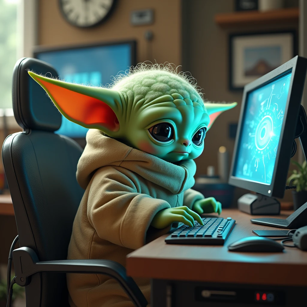 Baby Yoda doing computer science 
