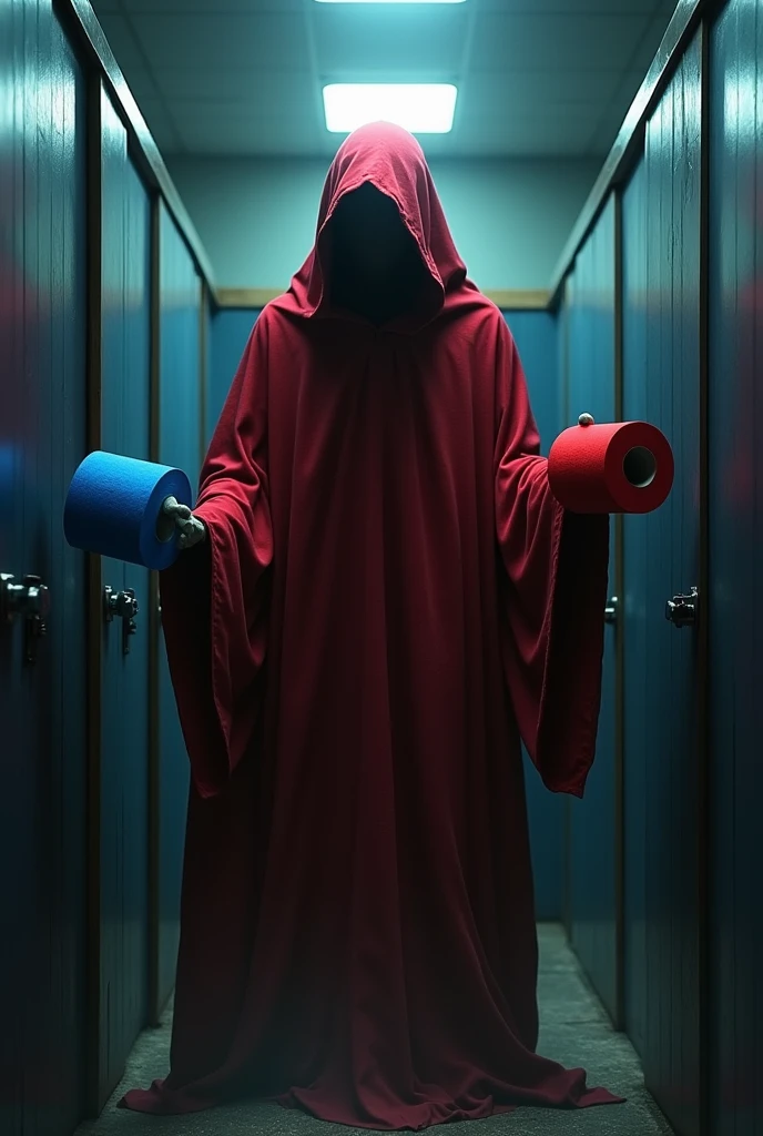 aka manto (Red Cloak), spirit of a japanese urban legend, holding blue toilet paper in left hand and red toilet paper in right hand, haunting the last public toilet stall with spooky effect, a dark background, et ombres sinistres avec un effet effrayant supplémentaire