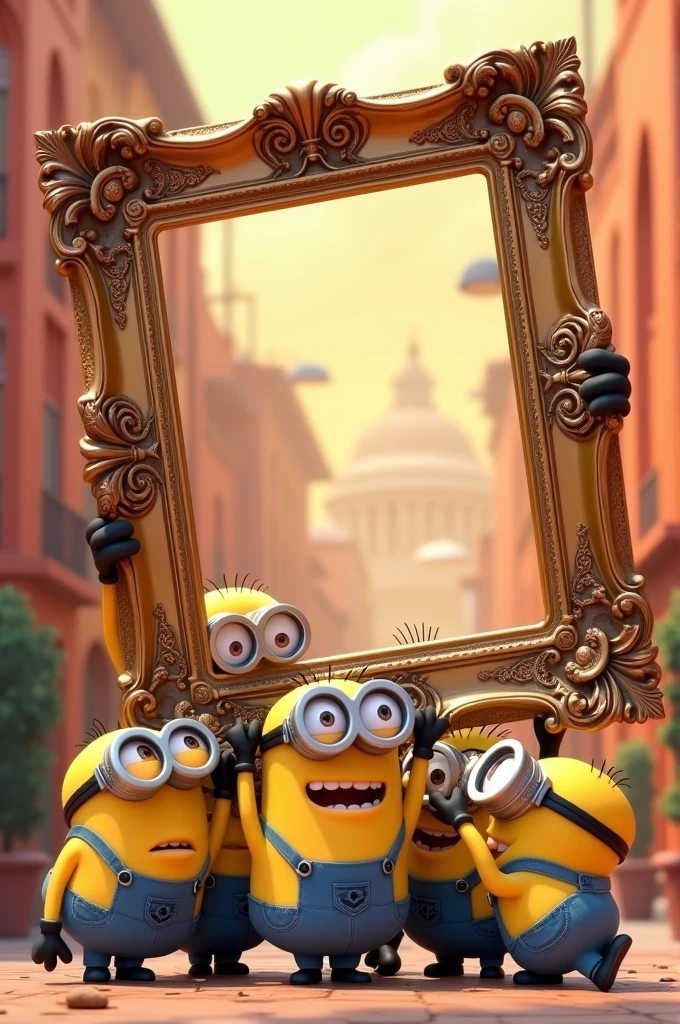 Minions holding a large frame