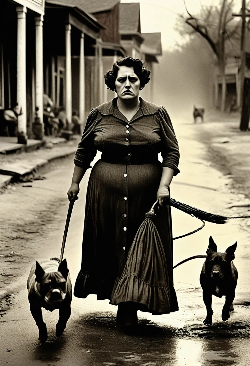 /In the 1930s, in an impoverished America, with financial depression, in rural Texas, a fat woman with a whip holding a whip threatens a woman drags two dead dogs through the streets thin and dirty hungry people cry around you, grotesque scene, in the DIANE ARBUS style, ultrarealistic photography, 4K, focus from top to bottom, in sepia tone