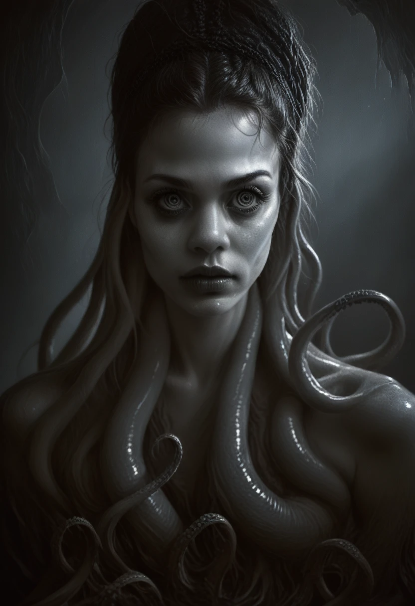 a dark twisted eldritch cthulhu girl, beautiful detailed eyes, beautiful detailed lips, extremely detailed and intricate face, long eyelashes, tentacles, dark fantasy, dark sci-fi, horror, moody dramatic lighting, chiaroscuro, dark muted colors, cinematic, (best quality,8k,highres,masterpiece:1.2),ultra-detailed,(realistic,photorealistic,photo-realistic:1.37)