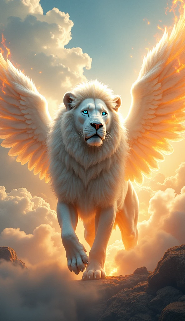 Generate an ultra realistic 8k image of a white lion with angel wings on fire strong, big fit ass , handsome with blue eyes next to the Angel of God