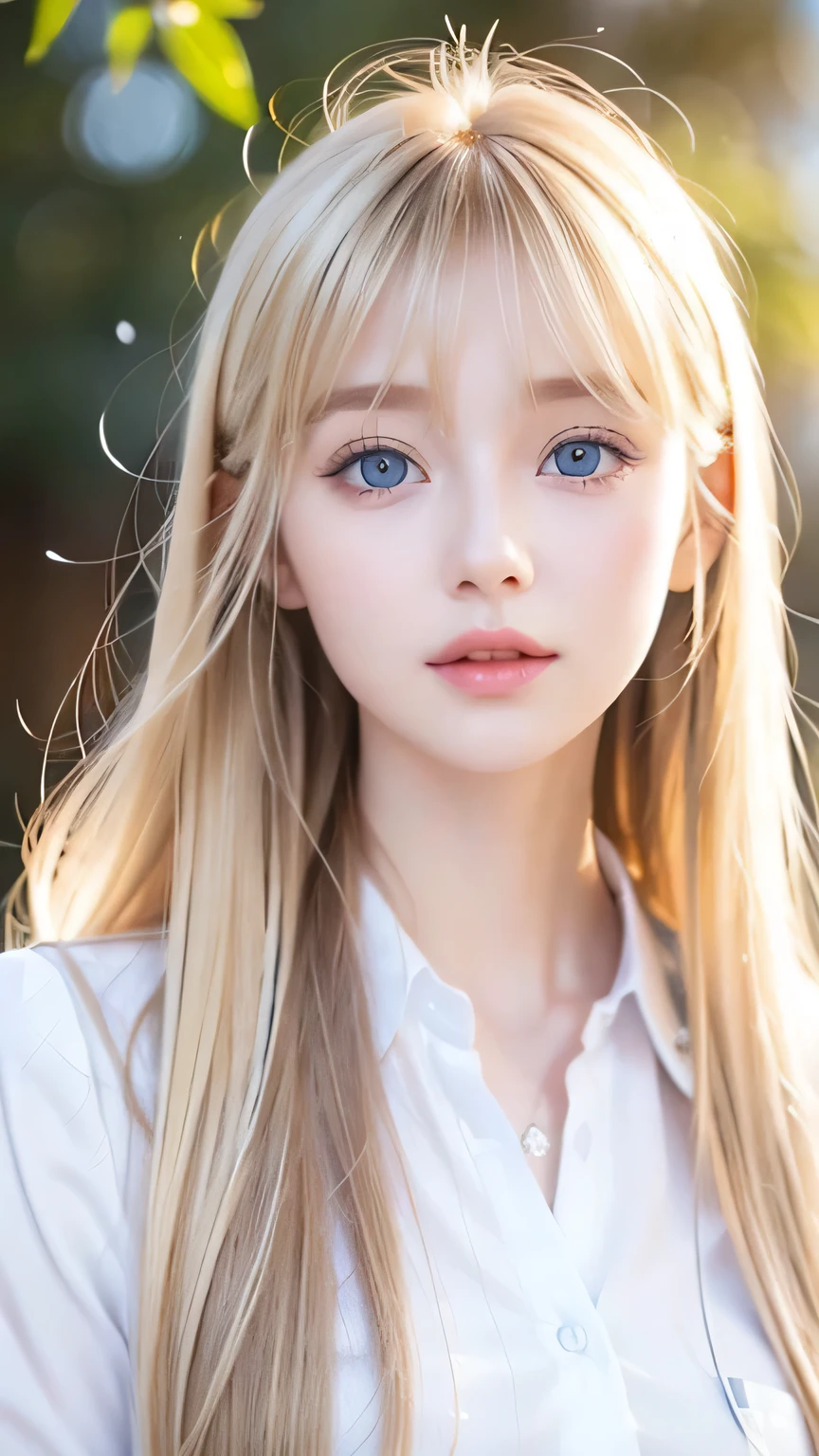 A very beautiful Nordic girl、Super long silky shiny metallic butter blonde hair、Cute beautiful girl with sexy messy bangs、Hair above the eyes、片Hair above the eyes、Hair between the eyes、uniform、Super long beautiful blonde hair、Beautiful bangs between the eyes、Very beautiful cute face、Cute beautiful gentle expression、high school girl、Big, pale, very bright sky blue eyes that shine beautifully、Small Face Beauty、Round face、Snow-white glossy skin、
