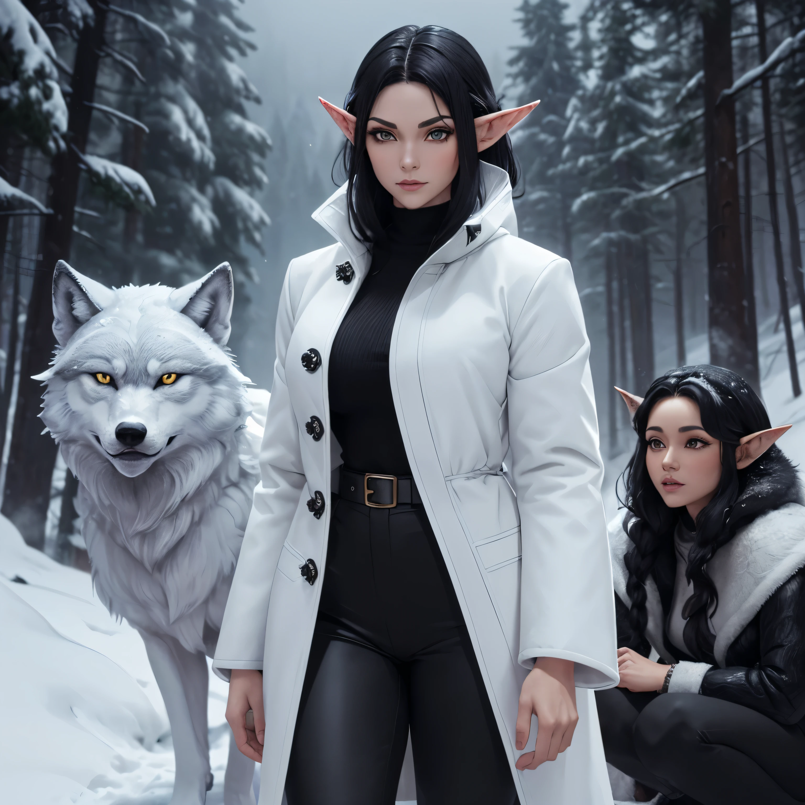 (Characters: Elf1, Wolf1), Elf1: (Woman, Black Hair, (Elf Ears Only), Black Pants, White Winter Coat), Snowy Mountain Forest , ((In a Blizzard)), (Nighttime), (in the Dark), ((Stalked by Wolves)), (Wolf1: [[Huge Wolf]], [[White Wolf]])