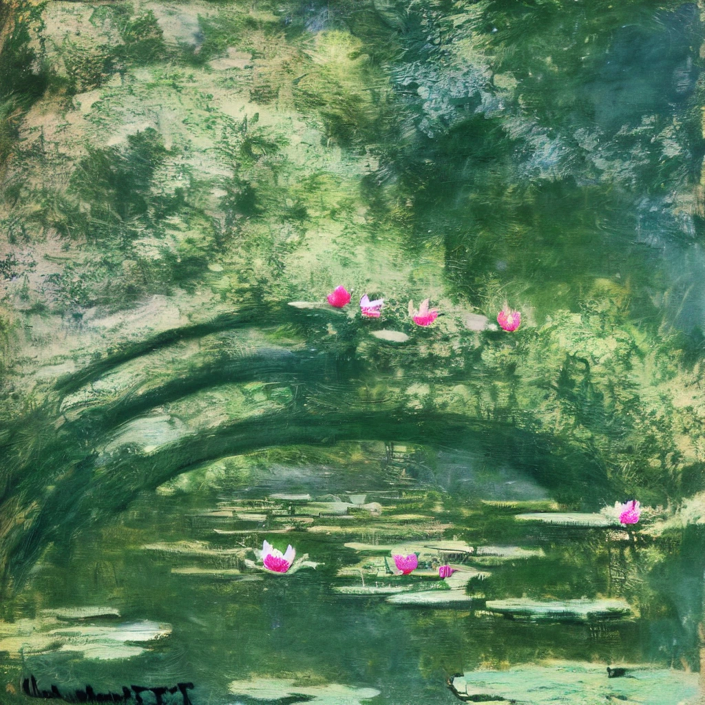 style of Claude Monet、Painting \(Moderate\), Soft Focus、Blurred outline、A lotus pond、(Lotus flower:1.2)