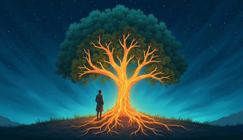 Family Tree with Luminous Roots: A stylized family tree, where the roots are illuminated and connected to a light source deep in the soil, symbolizing the strength of the father that comes from the roots and spreads throughout the tree. You can highlight a figure near the trunk, absorbing this energy. stars in the sky