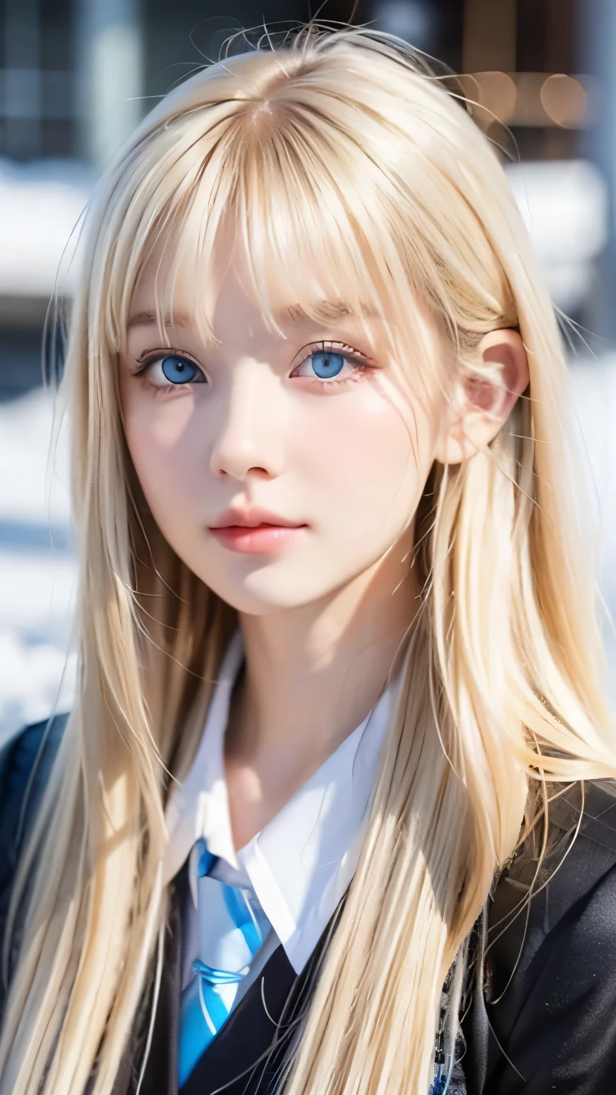 A very beautiful Nordic girl、Super long silky shiny metallic butter blonde hair、Cute beautiful girl with sexy messy bangs、Hair above the eyes、片Hair above the eyes、Hair between the eyes、uniform、Super long beautiful blonde hair、Beautiful bangs between the eyes、Very beautiful cute face、Cute beautiful gentle expression、high school girl、Big, pale, very bright sky blue eyes that shine beautifully、Small Face Beauty、Round face、Snow-white glossy skin、