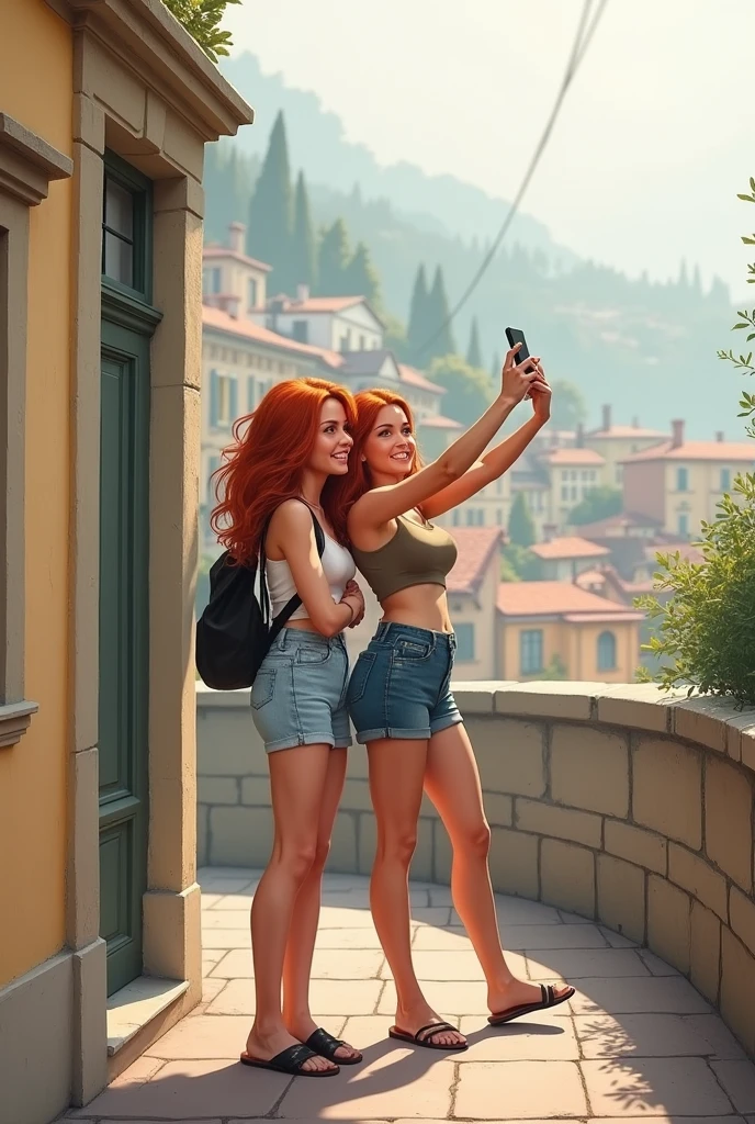 2 girl, redheadwear, taking a selfie in front of a typical building on one of Nice's hills. She wears shorts, tank top and flat sandals. Typical houses. Foggy. David Hamilton Style.