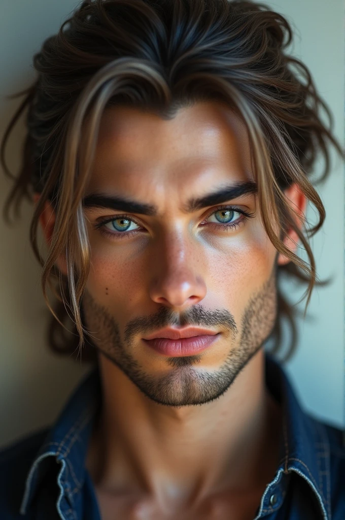 Man with the following characteristics: Eye color: Blue Eyebrows: Natural and expressive lips: Soft and natural pink eyelashes: Long and subtle teeth: White and uniform Moles or freckles: On the nose Hair: long, wolfcut style, brown or black
