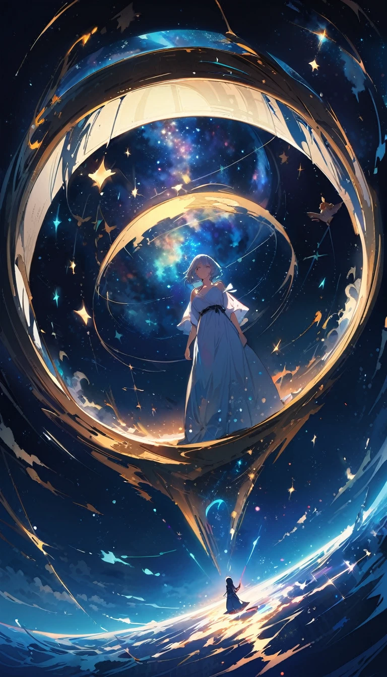((Highest quality)), ((masterpiece)), ((Ultra Wide Angle)),night,The woman's hair shines like a mirror.,Clearly、The water surface is like a mirror,Connect with the universe、Look at the sky,mysterious、