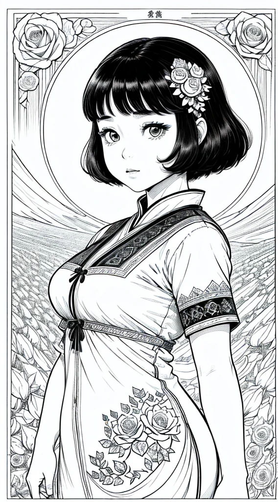 As a coloring book, white and black color, borders should be simple, clear, distinct, and thick lines, By Cartoon picture book of a beautiful Asian girl with short brown hair, A girl looking at camera, (field of roses), (Closeup), retrato, nuvem, arte de linha