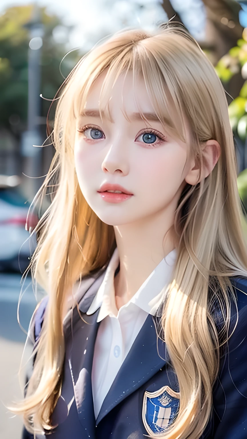 A very beautiful Nordic girl、Super long silky shiny metallic butter blonde hair、Cute beautiful girl with sexy messy bangs、Hair above the eyes、片Hair above the eyes、Hair between the eyes、uniform、Super long beautiful blonde hair、Beautiful bangs between the eyes、Very beautiful cute face、Cute beautiful gentle expression、high school girl、Big, pale, very bright sky blue eyes that shine beautifully、Small Face Beauty、Round face、Snow-white glossy skin、