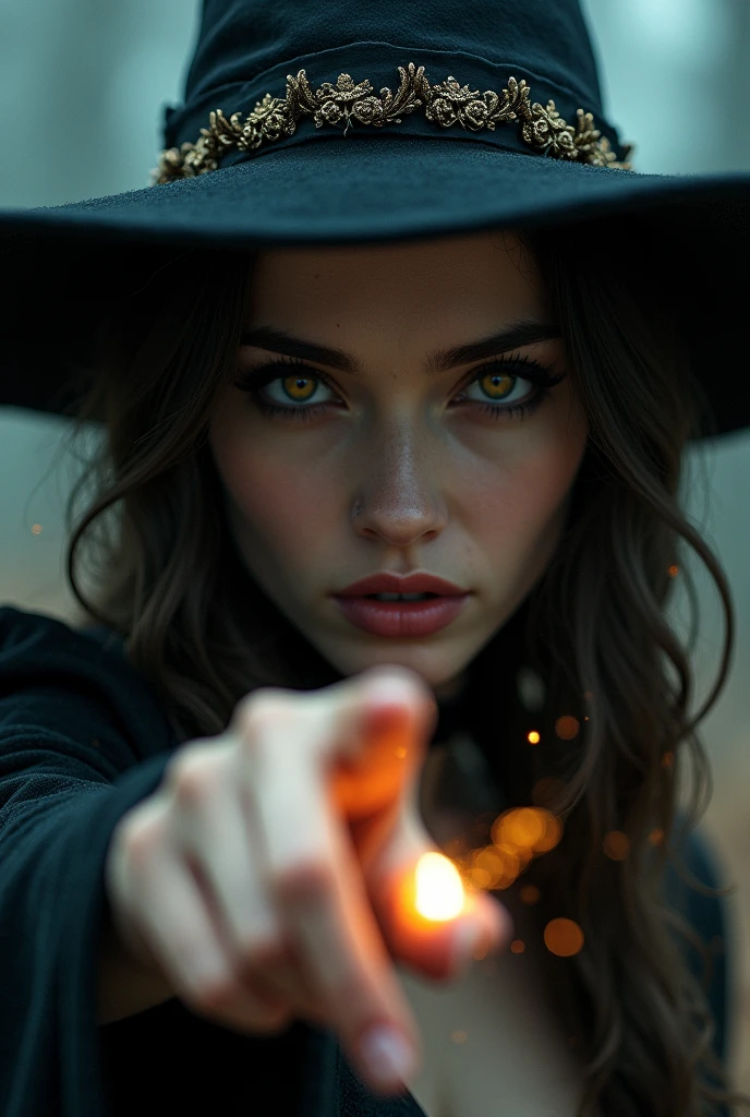 beautiful detailed eyes, beautiful detailed lips, extremely detailed eyes and face, long eyelashes, 1 female witch, elegant witch, sexy witch, witch on broomstick, witch pointing finger at viewer, golden eyes, intense seductve gaze, dark fantasy, dark magic, dark witch, moody lighting, dramatic lighting, cinematic lighting, highly detailed, intricate details, fantasy art, digital painting, hyper realistic, masterpiece, 8k, photorealistic, cinematic, dramatic, mystical, magical