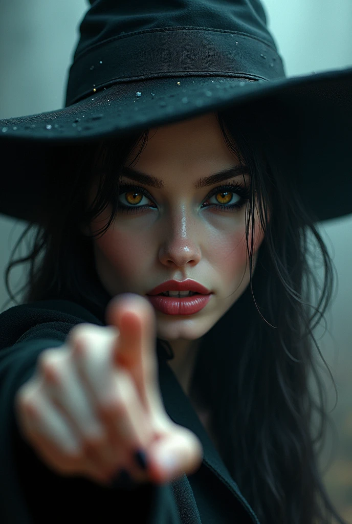 beautiful detailed eyes, beautiful detailed lips, extremely detailed eyes and face, long eyelashes, 1 female witch, elegant witch, sexy witch, witch on broomstick, witch pointing finger at viewer, golden eyes, intense seductve gaze, dark fantasy, dark magic, dark witch, moody lighting, dramatic lighting, cinematic lighting, highly detailed, intricate details, fantasy art, digital painting, hyper realistic, masterpiece, 8k, photorealistic, cinematic, dramatic, mystical, magical