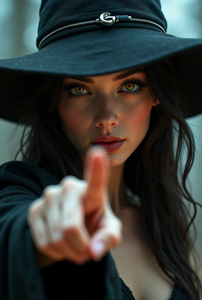 beautiful detailed eyes, beautiful detailed lips, extremely detailed eyes and face, long eyelashes, 1 female witch, elegant witch, sexy witch, witch on broomstick, witch pointing finger at viewer, golden eyes, intense seductve gaze, dark fantasy, dark magic, dark witch, moody lighting, dramatic lighting, cinematic lighting, highly detailed, intricate details, fantasy art, digital painting, hyper realistic, masterpiece, 8k, photorealistic, cinematic, dramatic, mystical, magical