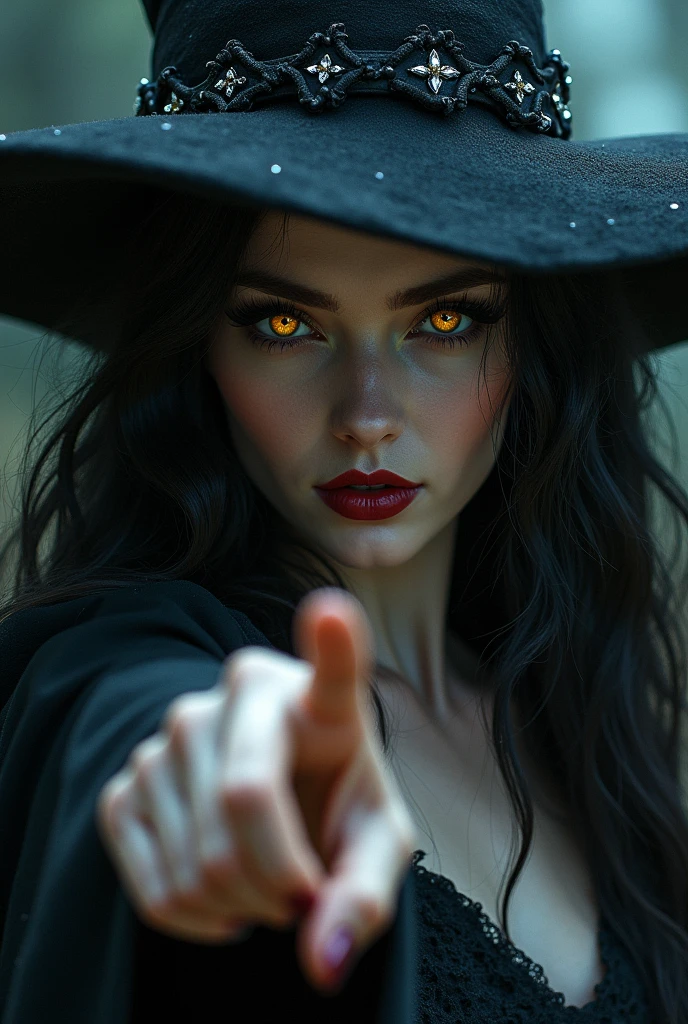 beautiful detailed eyes, beautiful detailed lips, extremely detailed eyes and face, long eyelashes, 1 female witch, elegant witch, sexy witch, witch on broomstick, witch pointing finger at viewer, golden eyes, intense seductve gaze, dark fantasy, dark magic, dark witch, moody lighting, dramatic lighting, cinematic lighting, highly detailed, intricate details, fantasy art, digital painting, hyper realistic, masterpiece, 8k, photorealistic, cinematic, dramatic, mystical, magical