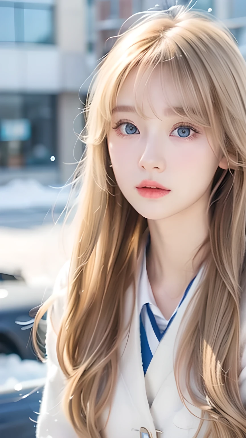 A very beautiful Nordic girl、Super long silky shiny metallic butter blonde hair、Cute beautiful girl with sexy messy bangs、Hair above the eyes、片Hair above the eyes、Hair between the eyes、uniform、Super long beautiful blonde hair、Beautiful bangs between the eyes、Very beautiful cute face、Cute beautiful gentle expression、high school girl、Big, pale, very bright sky blue eyes that shine beautifully、Small Face Beauty、Round face、Snow-white glossy skin、