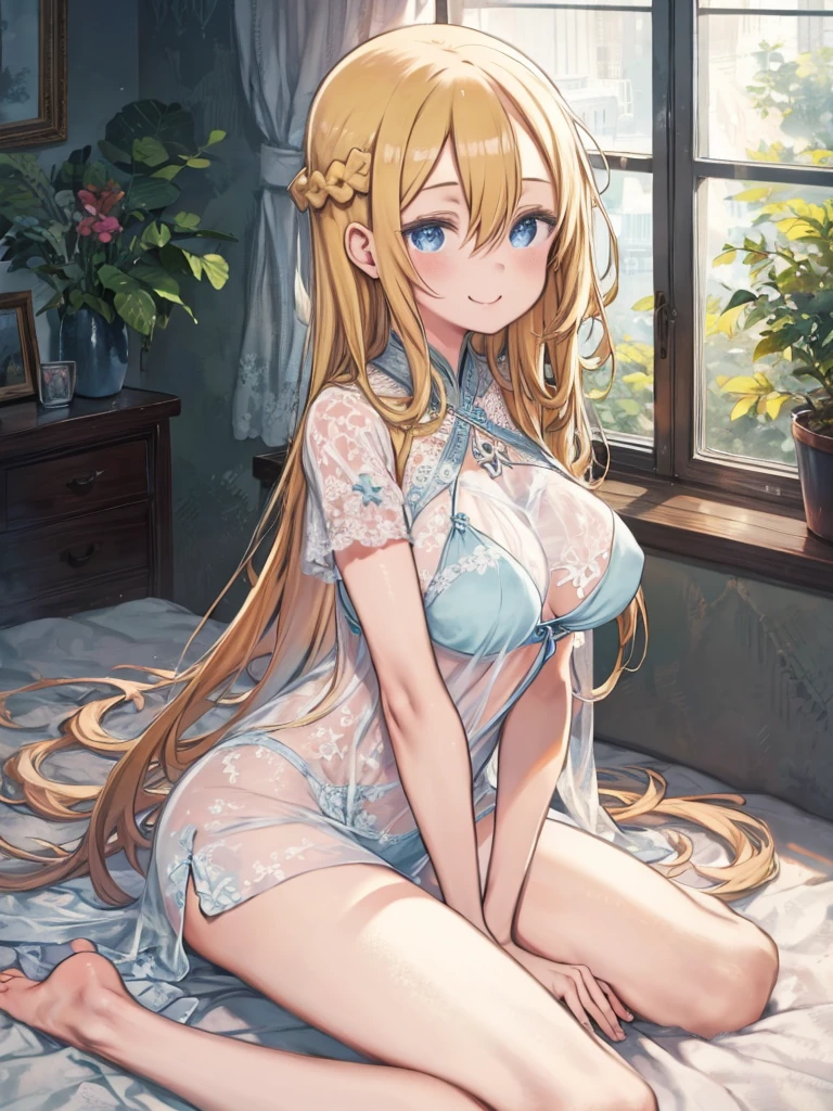 ((highest quality、High resolution、masterpiece))、Portrait、((１０Year old beautiful girl))、Perfect body、Beautiful breasts、Nipples、Long blonde、bangs、Blue and white、Embellished blue sexy dress、No panties、Embarrassed、Legs wide open、(((POV、Having sex、orgasm)))、Creampie