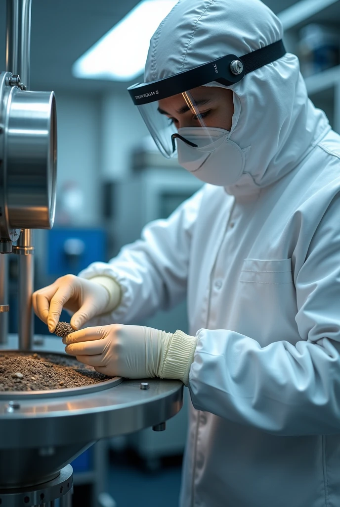 generates the image of a chemical laboratory worker in a white suit where you can see up close how he loads a mineral sample into a terminator crusher for size reduction in 4k resolution