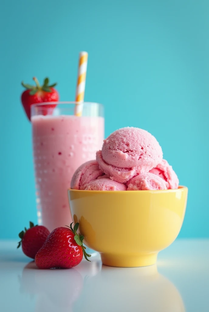 Op art, backlighting, wide shot, from side, atmospheric perspective ice cream in a yellow bowl with wild strawberry flavor + milkshake on one line + blue background+35mm