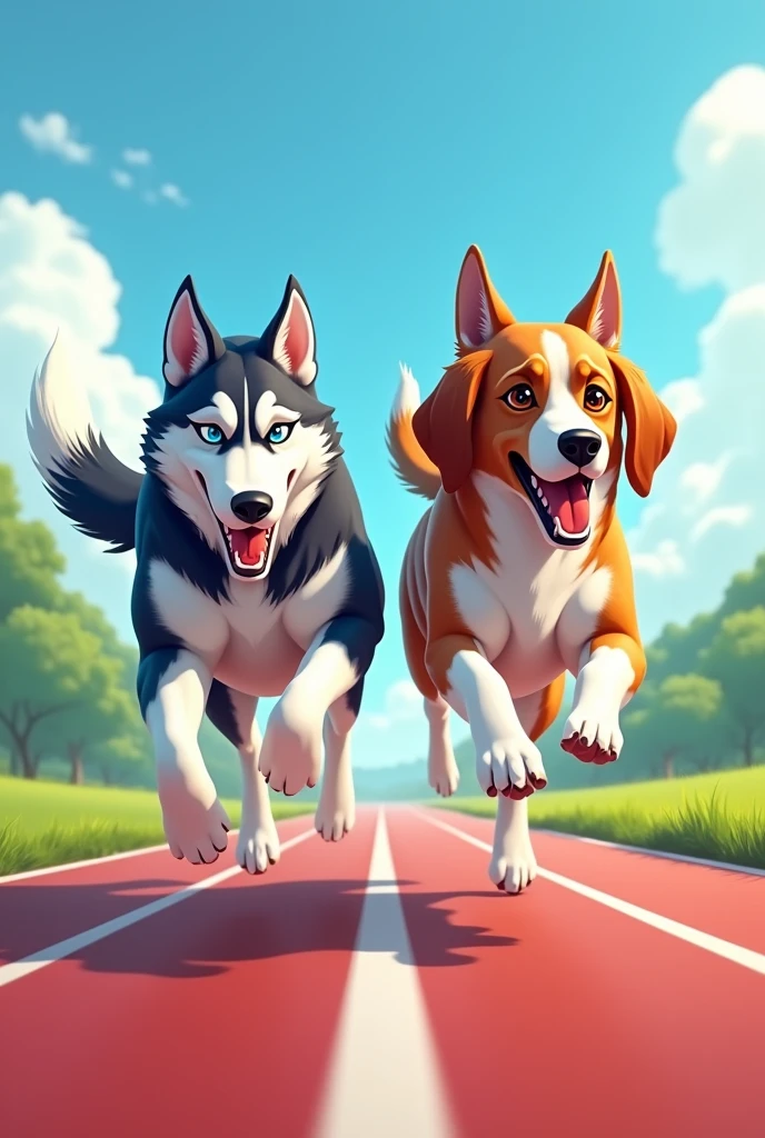 Image for a running club logo with an adult Siberian husky and an adult short-legged tricolor long-eared basset hound running towards the finish line as if they were in a race, that the animation is realistic and detailed 