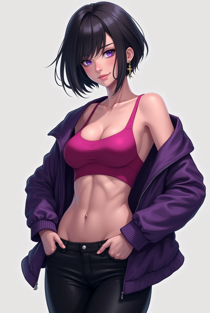 1girl, solo, bibi, black hair, short hair, purple eyes, navel, midriff, cross earrings, purple jacket, pink top, black leggings, picture from behind, sexy, muscular 