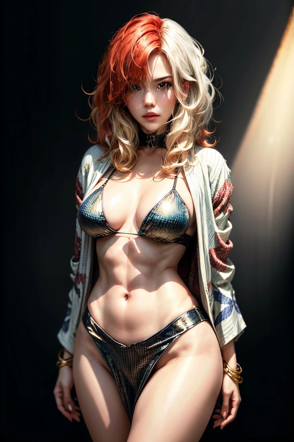 a one woman, 2 tone white and red hair, with Kimono, some bracelets, defined body, hot woman, super detaill, high resolution, 8k, Overview
